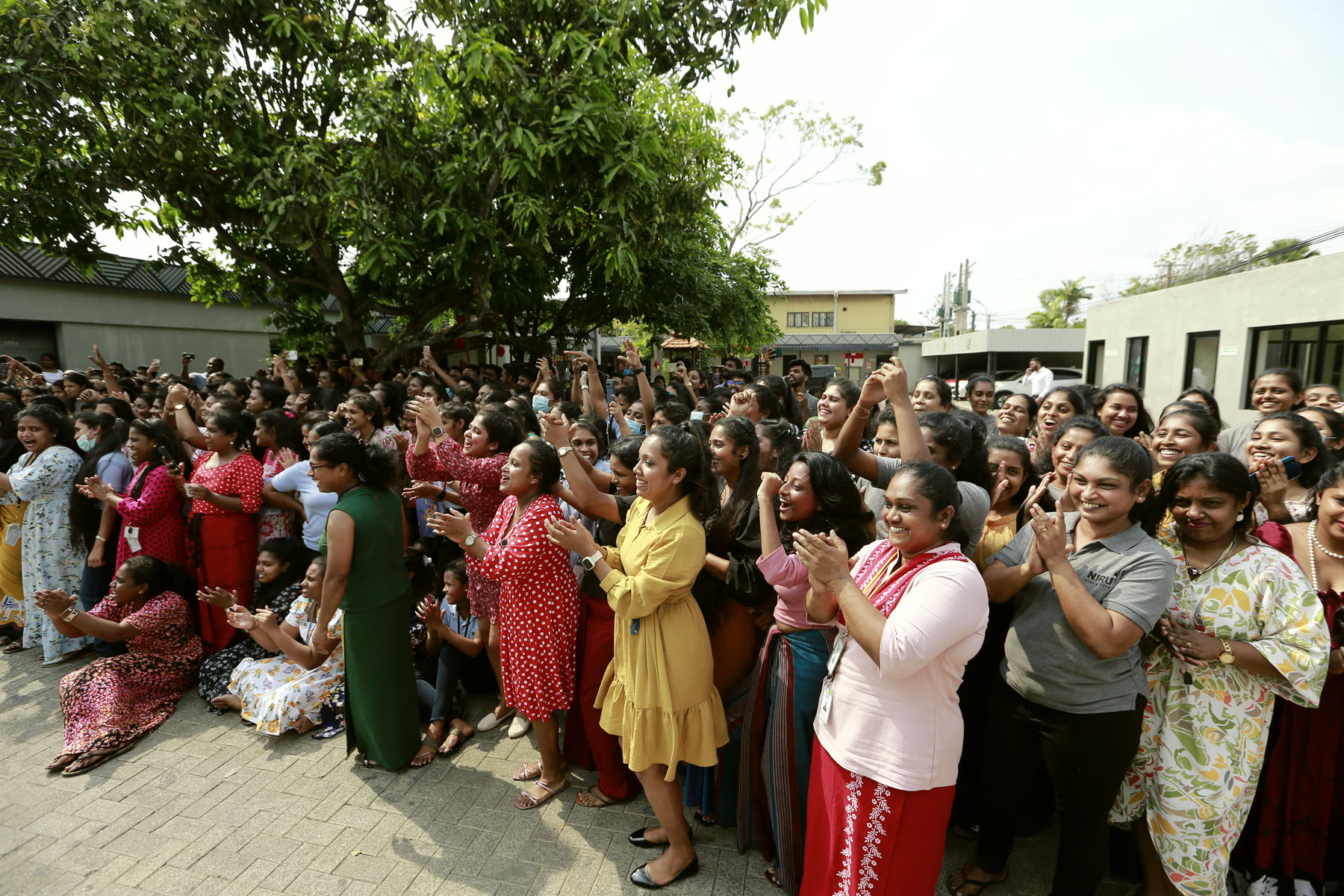 NIRU colleagues in Sri Lanka gathered outdoors, applauding together