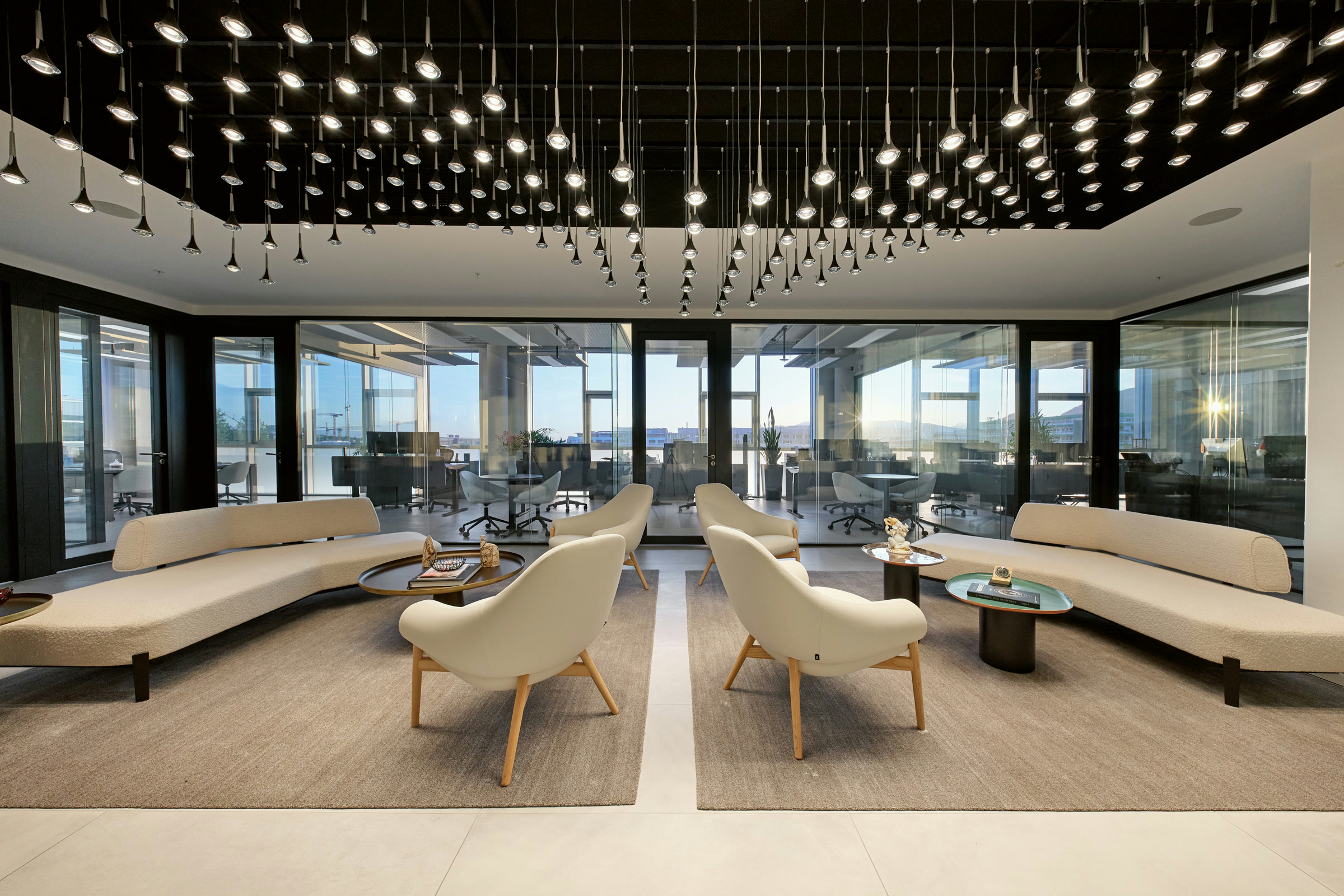 The lounge at NIRU's Geneva headquarters, Espace Tourbillon, Plan-les-Ouates